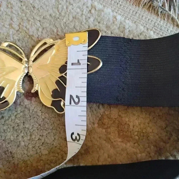 VTG 1980s Butterfly Enameled Buckle Stretch Belt  Black Size XL  41in End To End - Picture 8 of 9